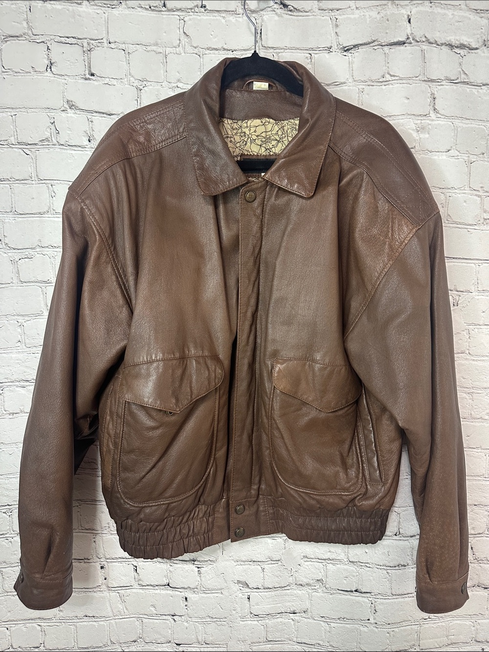 Vintage Steer Brand 100% Leather Bomber Jacket XL Men’s Flight Jacket Map Lining